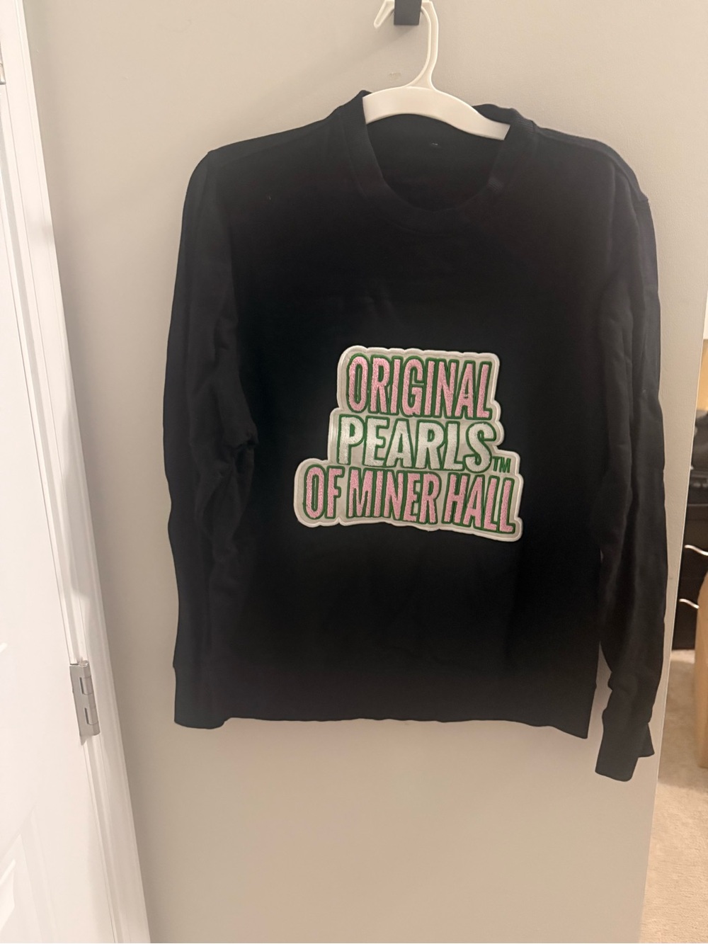 AKA Black Crewneck Sweater with Green and Pink Text Graphic